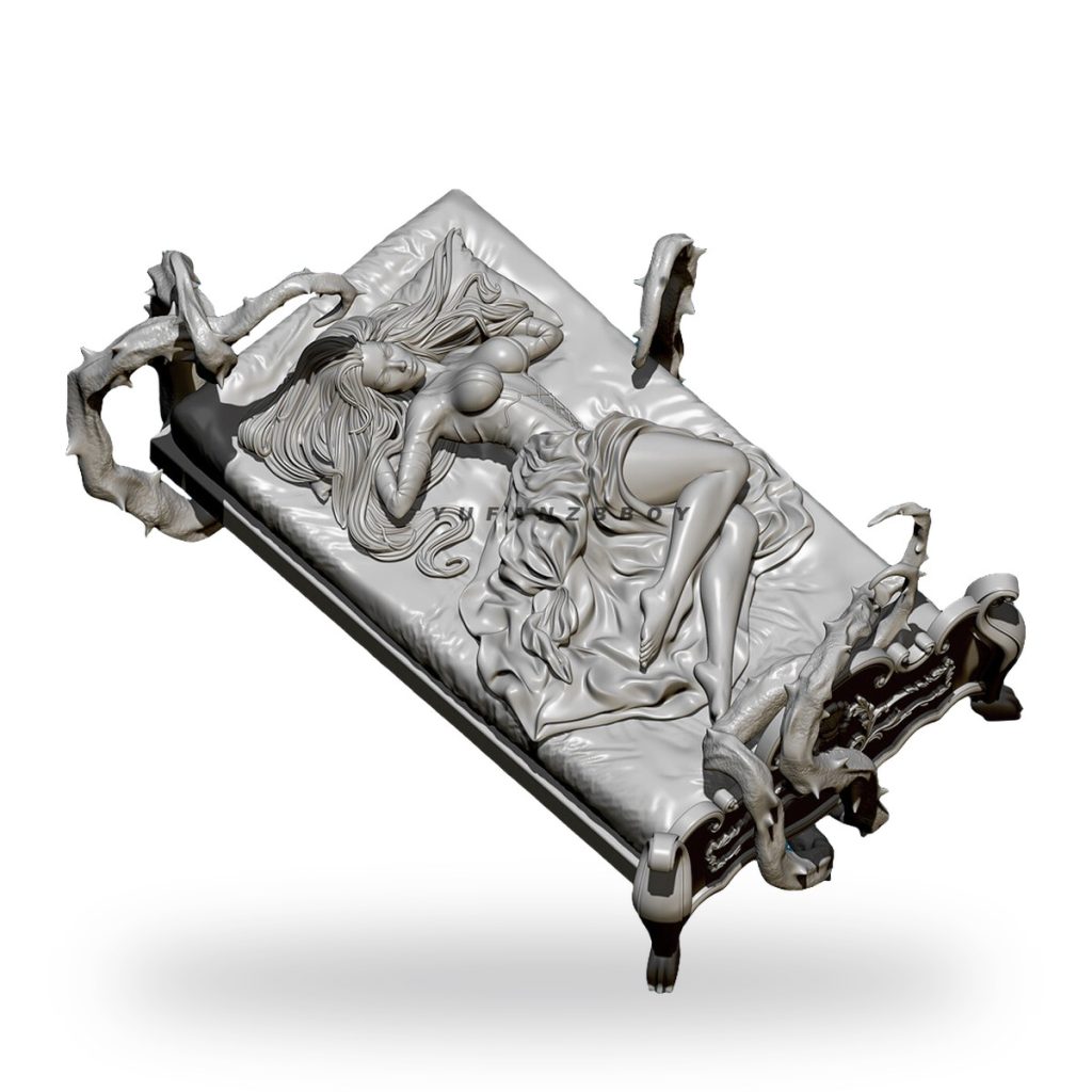 Unpainted Sleeping Beauty cursed princess figure on ornate bed with dragon motifs.