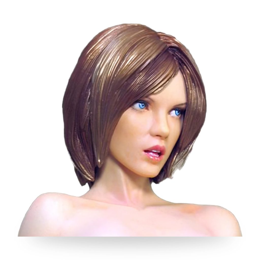 Unpainted female bust with short brown hair and blue eyes.