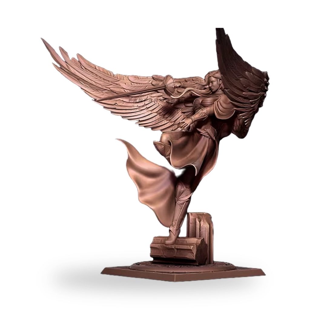 Unpainted angel figure with wings and sword on stone base.