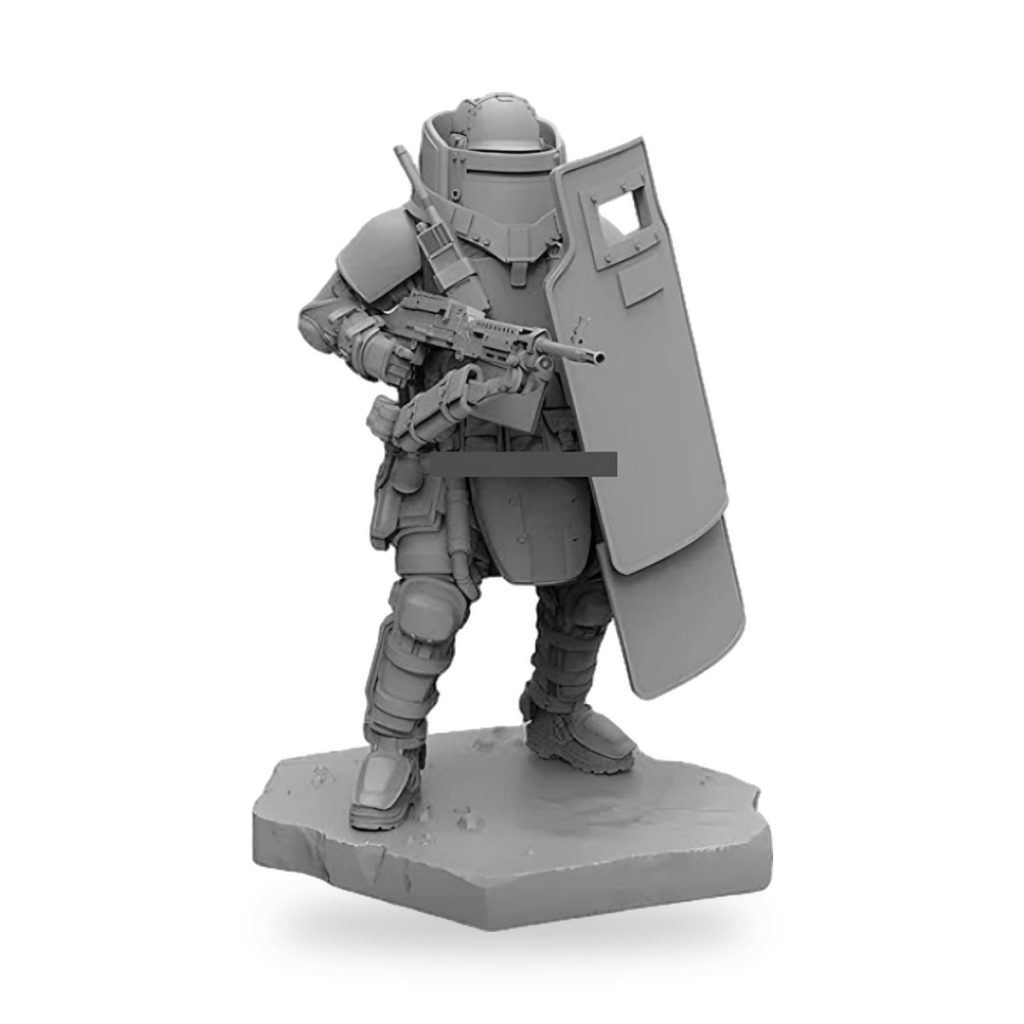 Unpainted sci-fi armored soldier with shield and rifle on rocky base.