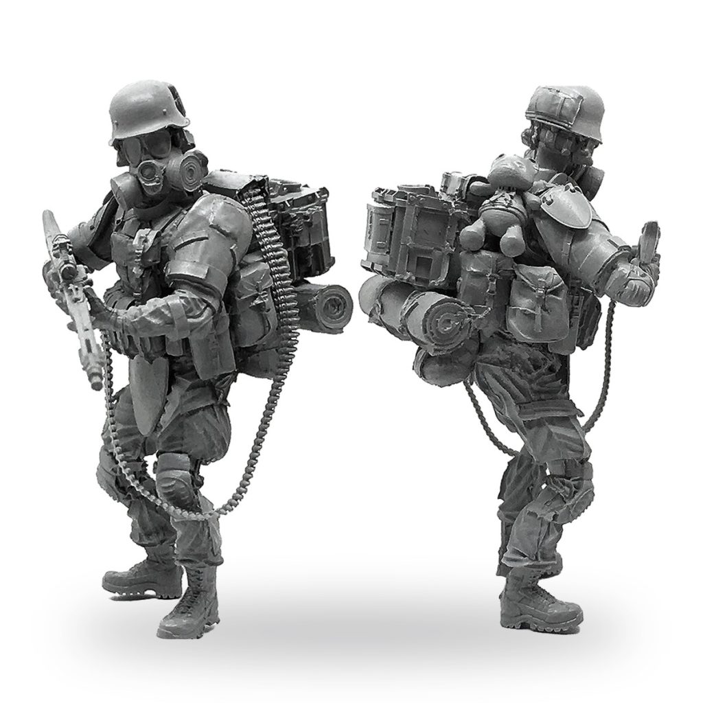 Unpainted US Special Forces tactical marine CBRN figure models in combat gear.