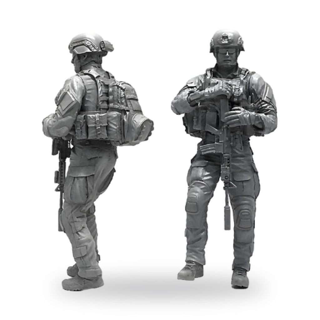 Unpainted US Navy SEAL soldier in tactical gear with rifle and backpack.