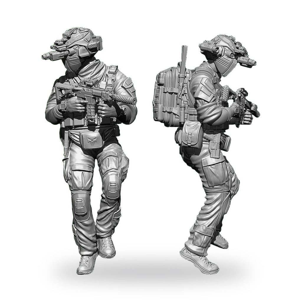 Unpainted US Navy SEAL soldier figure with assault rifle and tactical gear.