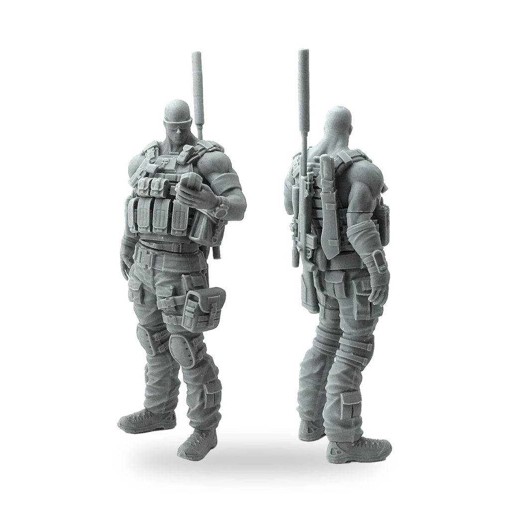 Unpainted US Special Force sniper soldier figure in tactical gear with rifle.