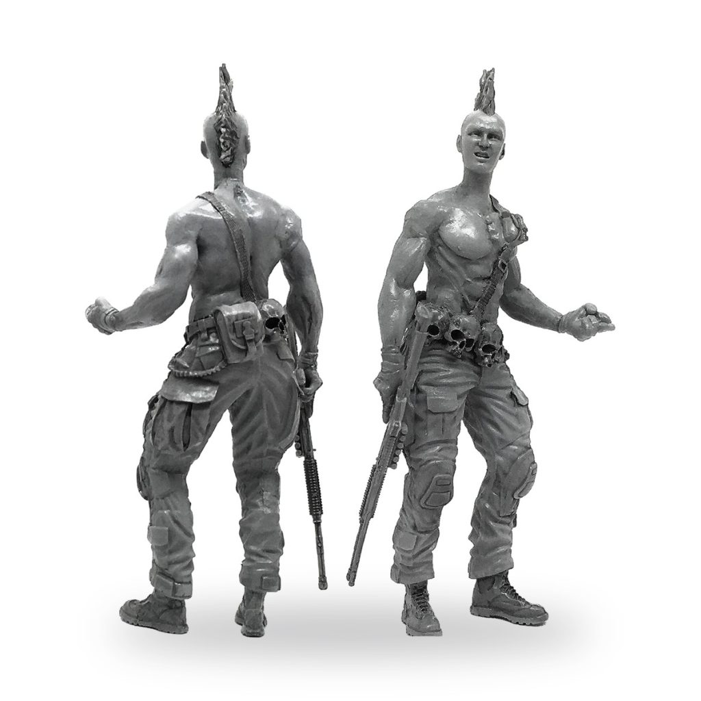 Unpainted punk rebel figure with mohawk and rifle in tactical gear.