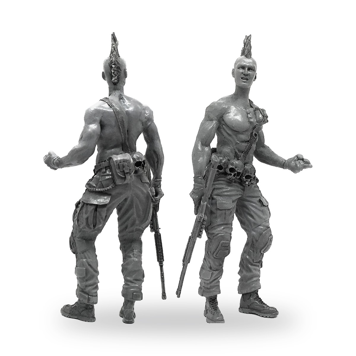 Unpainted punk rebel figure with mohawk and rifle in tactical gear.