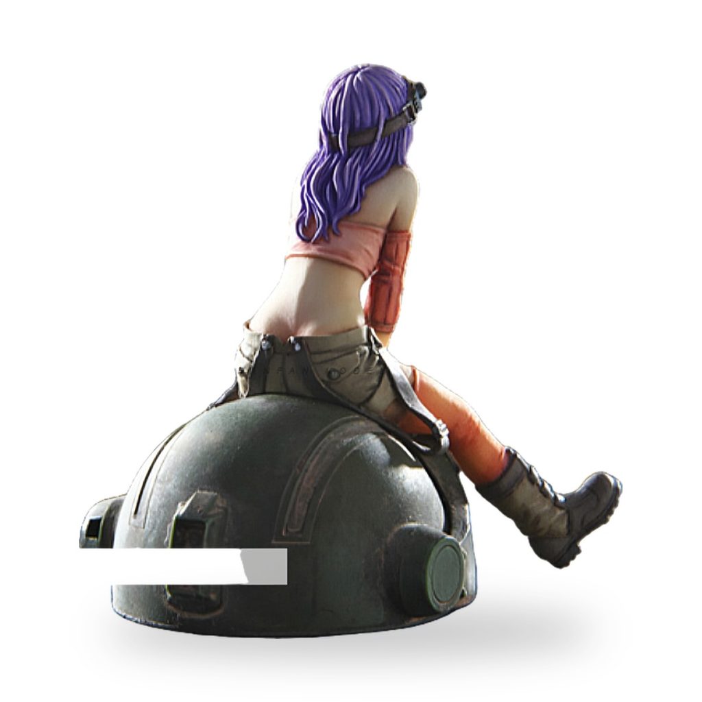 Unpainted female mechanic figure with purple hair sitting on vehicle base.