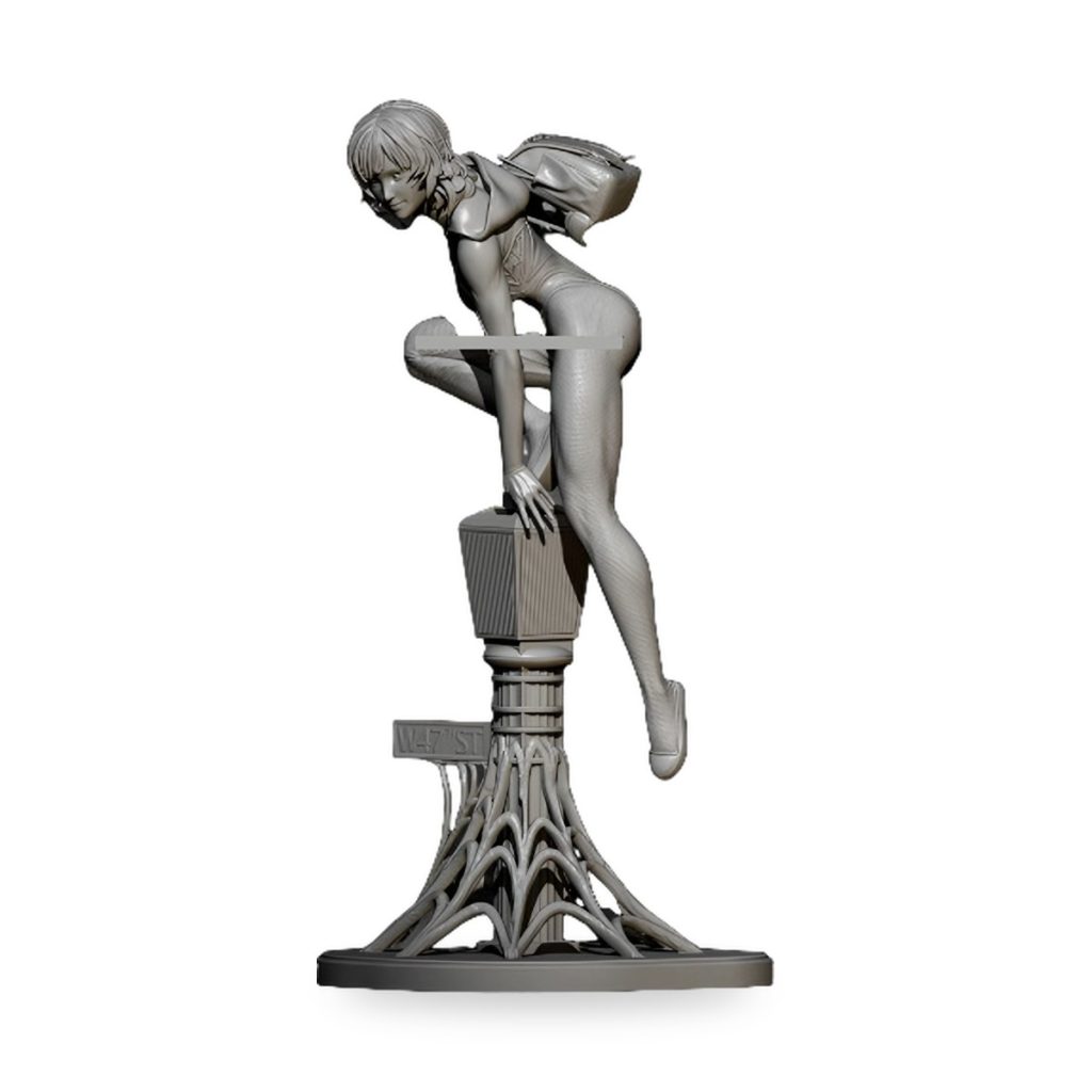 Unpainted female superhero figure in dynamic pose atop stylized streetlamp base.
