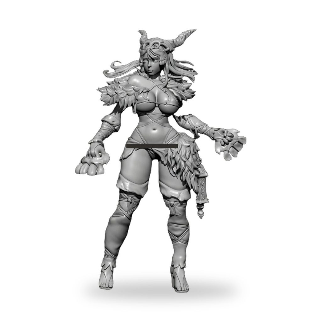 Unpainted female fantasy warrior figure with horns and fur armor.