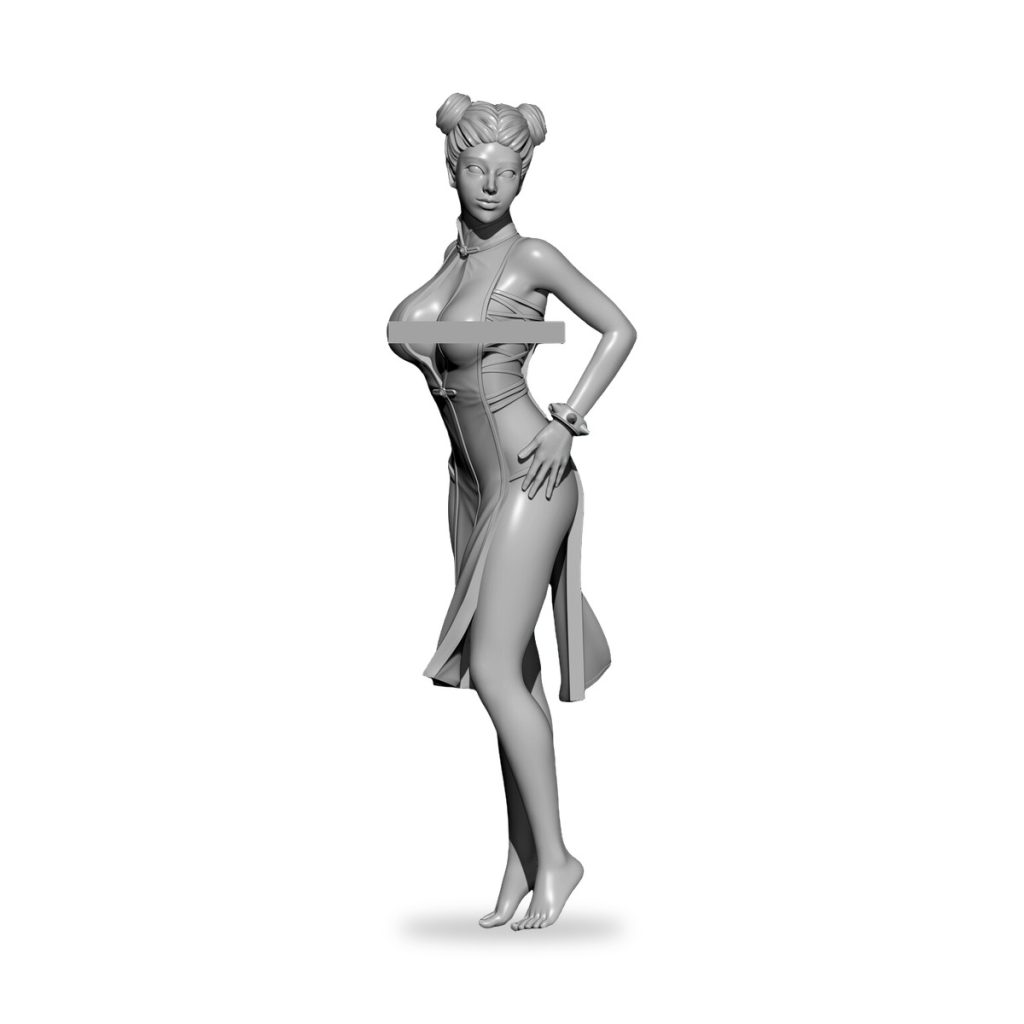 Unpainted female fighter in qipao-style dress with twin buns hairstyle.