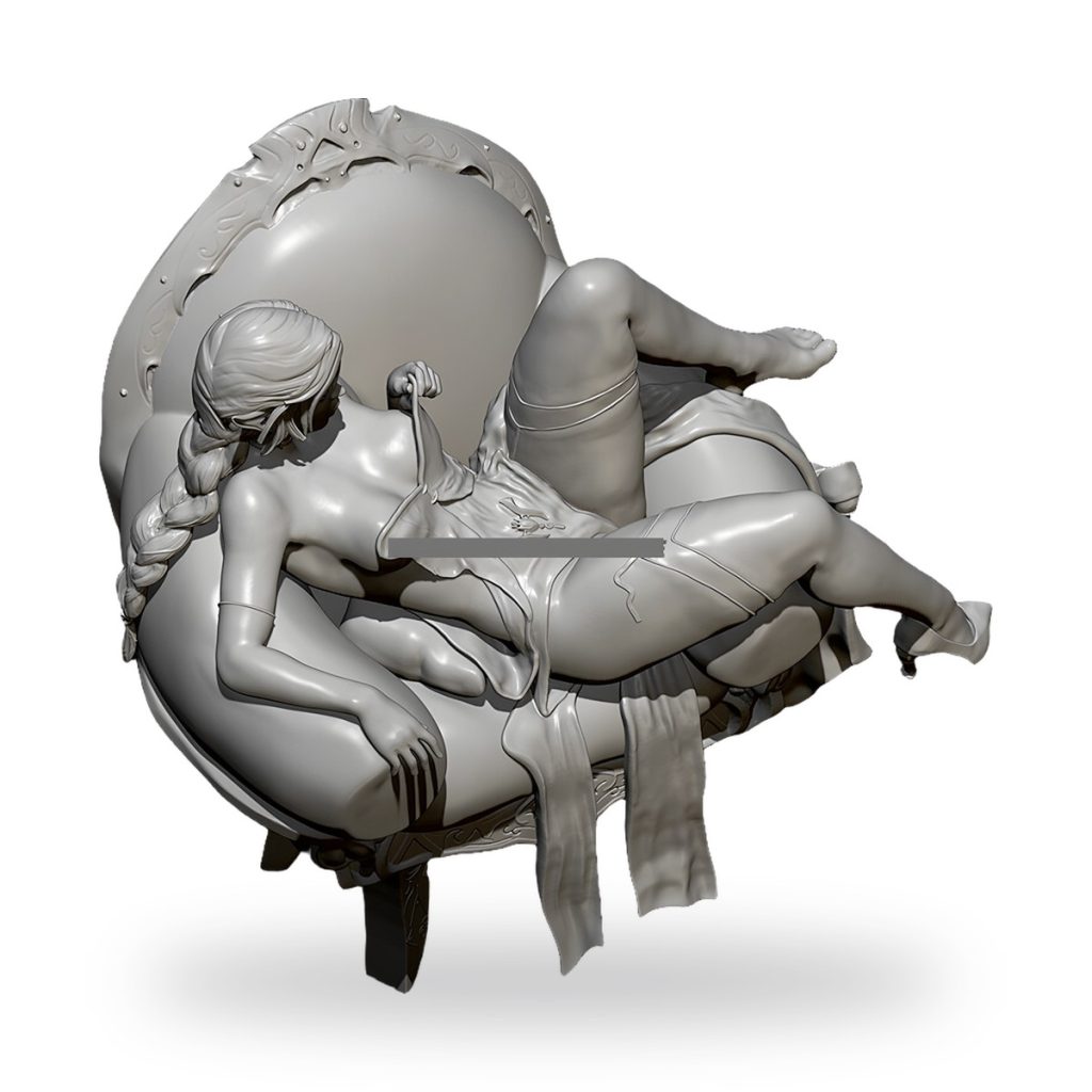 Unpainted resin figure of elf princess lounging on ornate chair in lingerie.