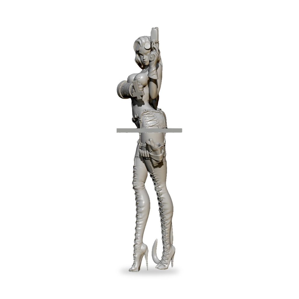 Unpainted Hell Girl She Devil fantasy figure in combat pose with dual pistols and thigh-high boots.