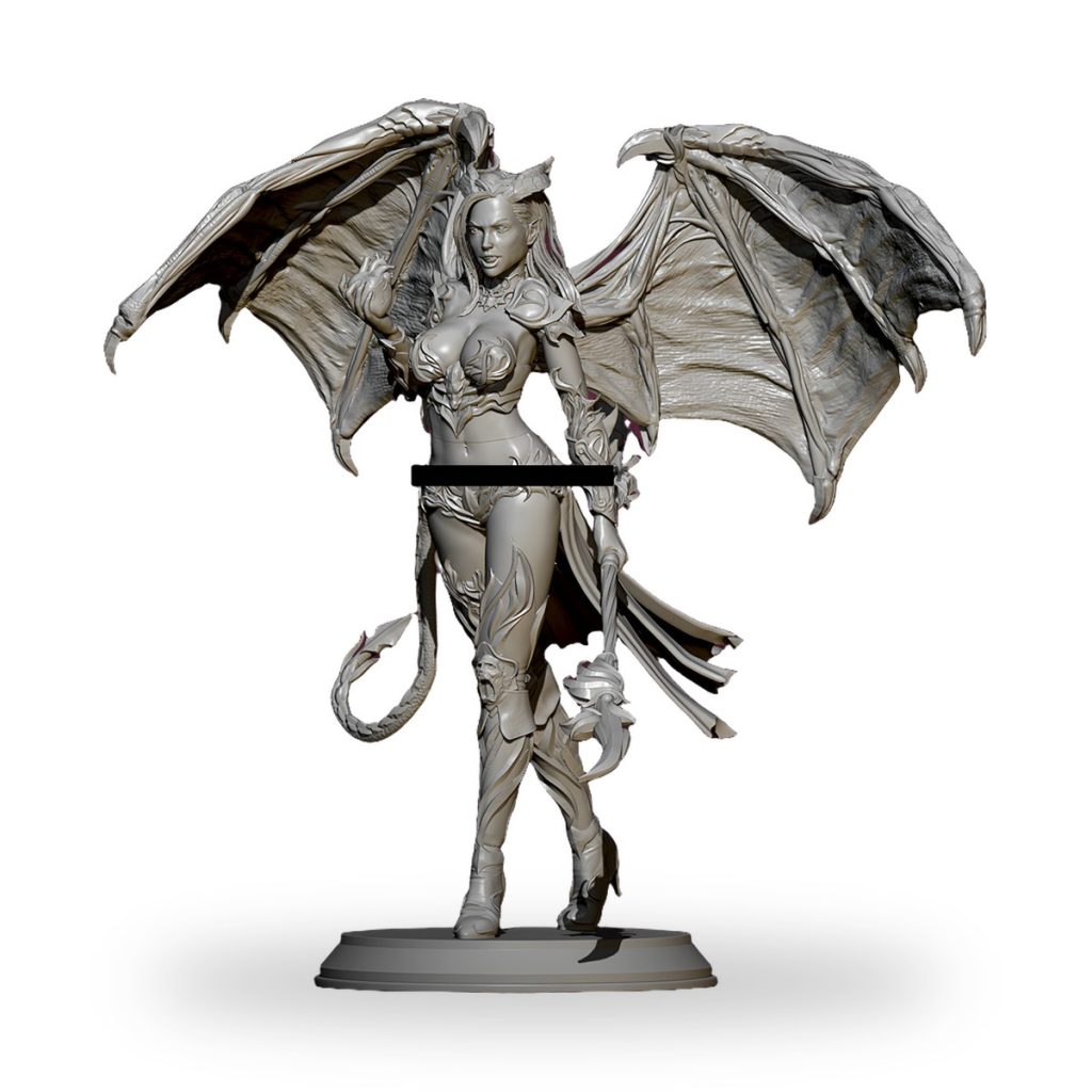 Unpainted resin figure of winged dragon queen demon warrior with tail and armor.