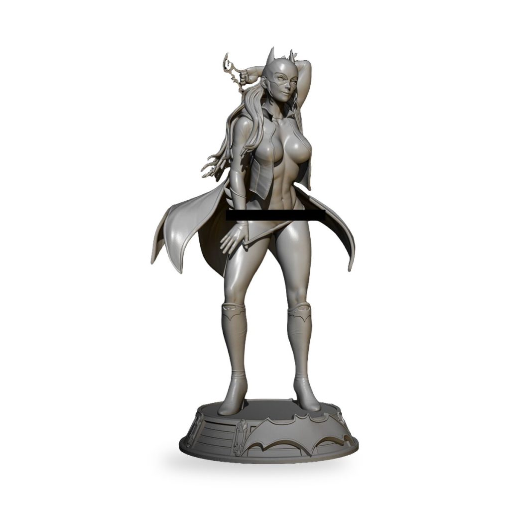 Unpainted Batwoman figure with cape and mask on base.