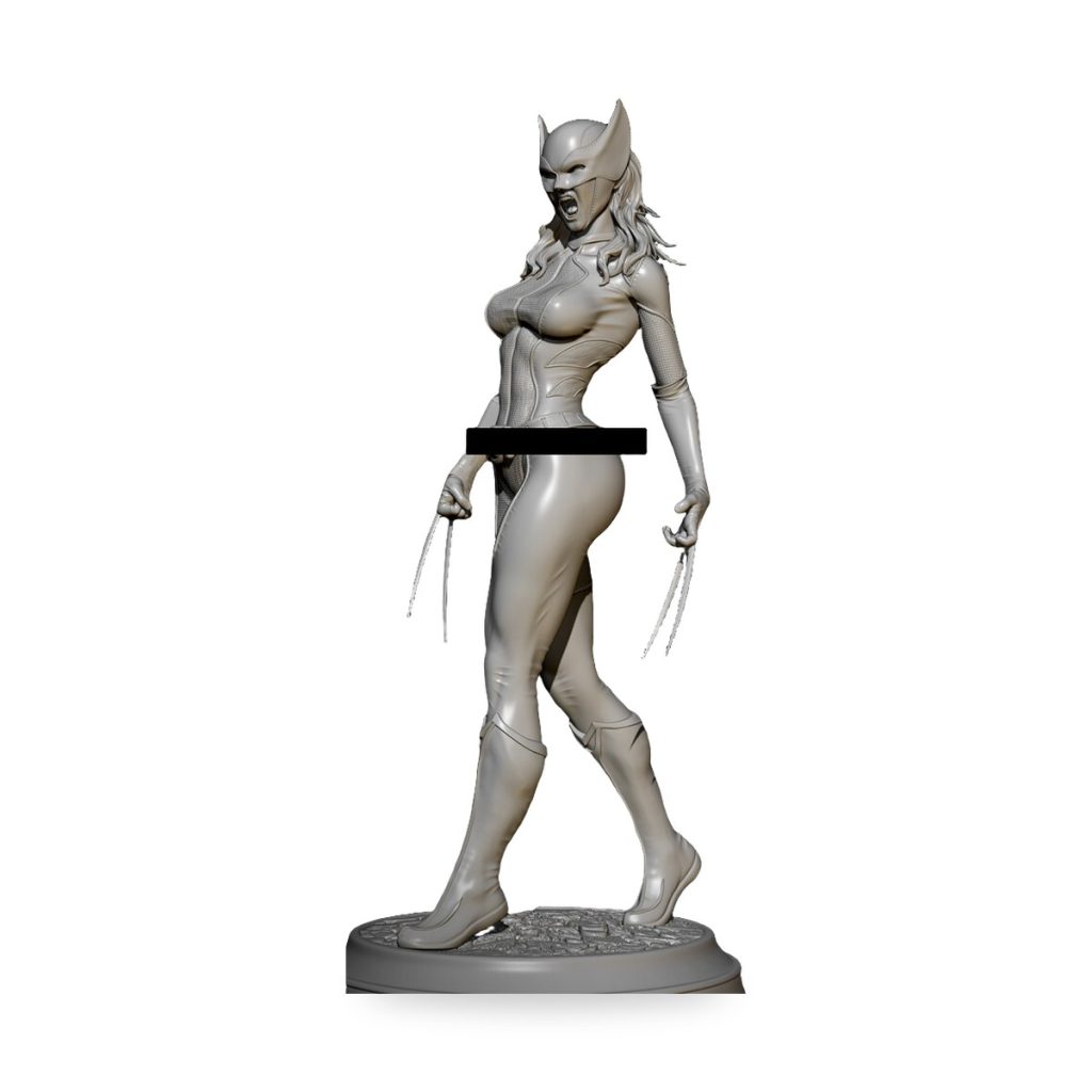 Unpainted female Wolverine mutant figure with claws and mask on base.