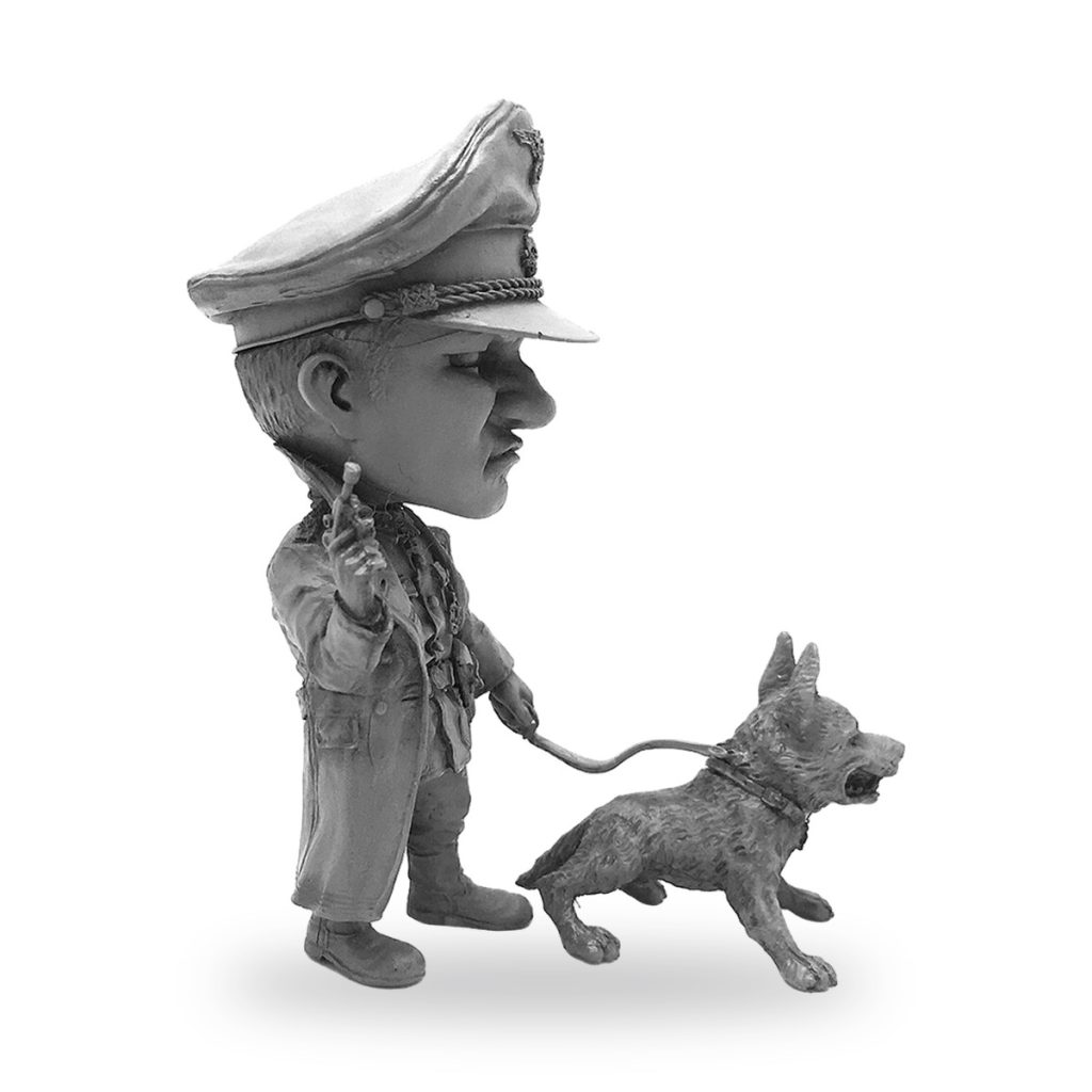 Unpainted military officer figure with dog on leash in profile view.