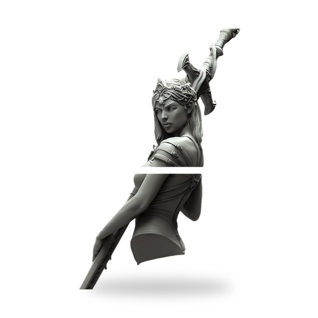 Unpainted bust of fantasy warrior woman with ornate headpiece and sword.