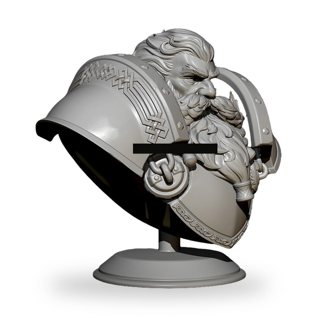 Unpainted dwarf bust with helmet and beard on stand.