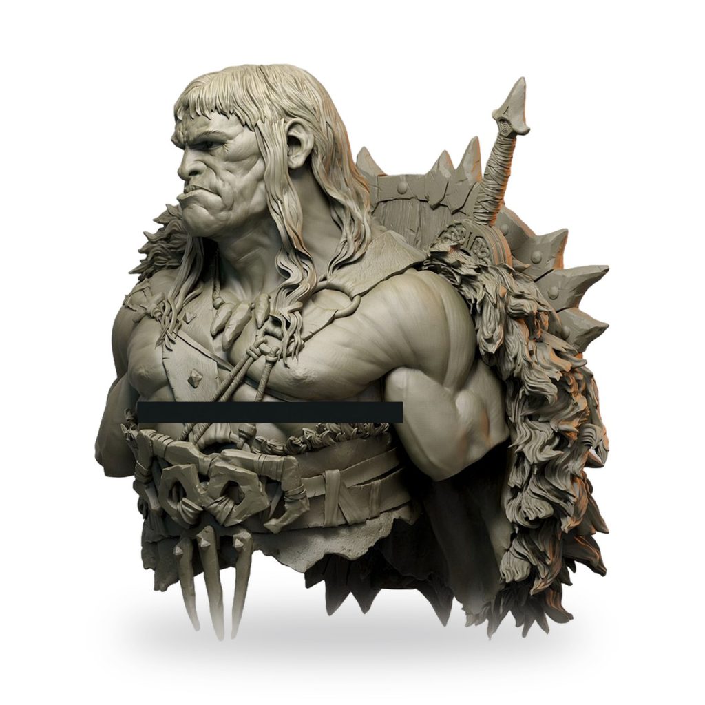 Unpainted bust of muscular warrior with long hair and spiked armor.