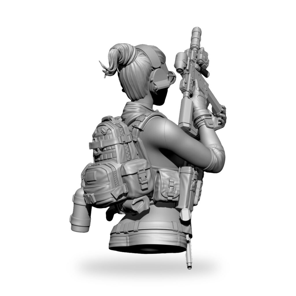 Unpainted female soldier sniper bust holding rifle with tactical gear.