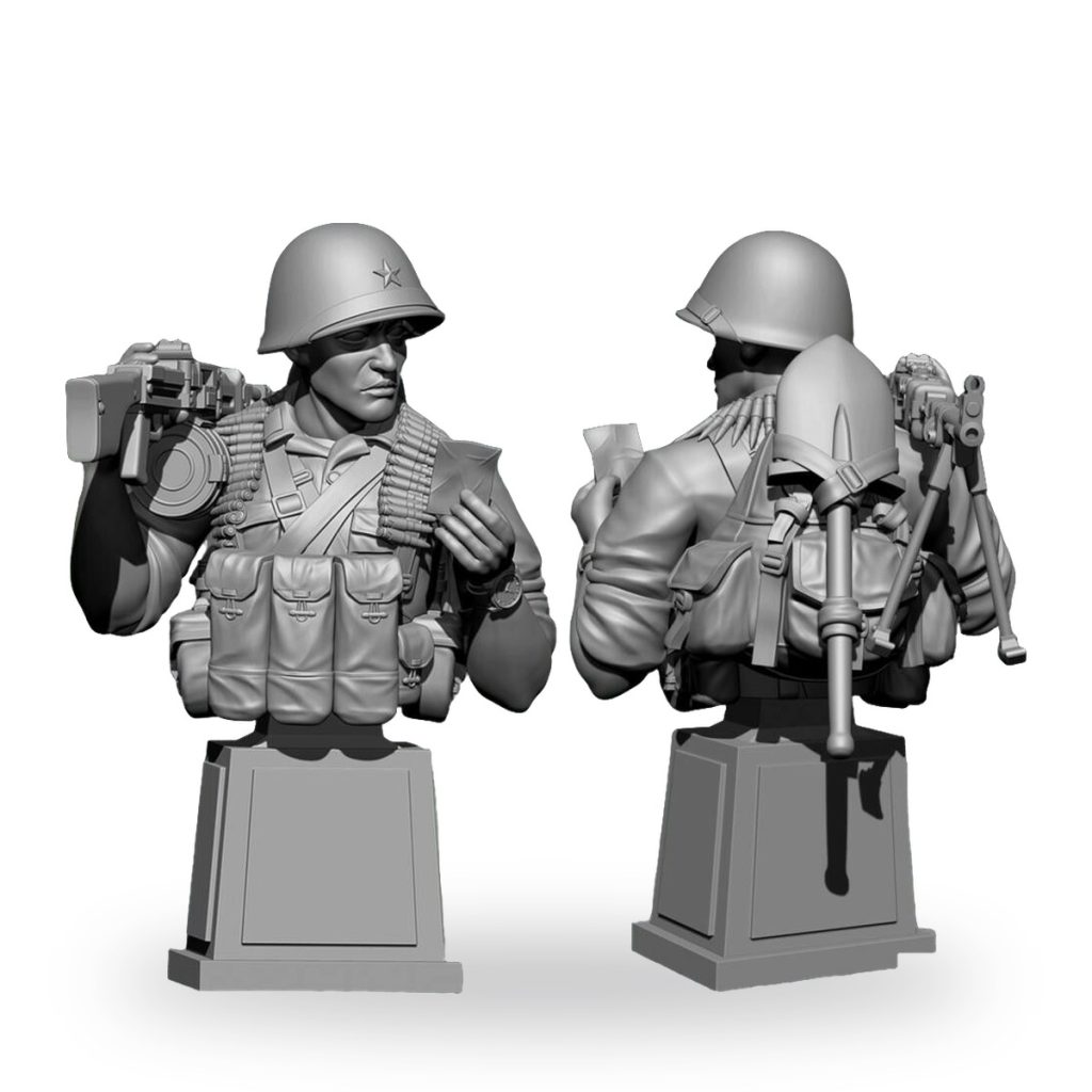 Unpainted PLA machine gun soldier bust in front and back views.