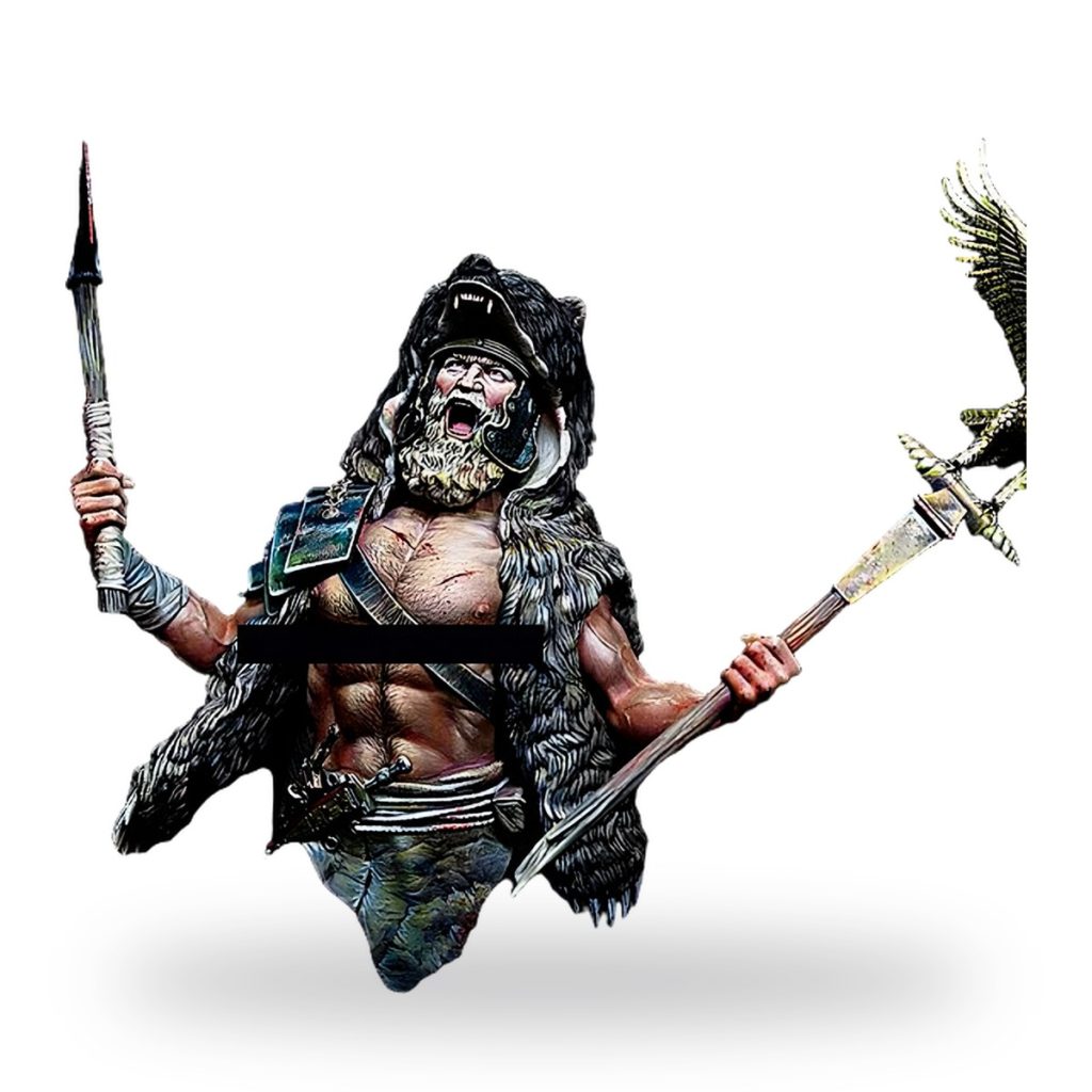 Unpainted Gothic warrior bust with axe and spear in dynamic pose.