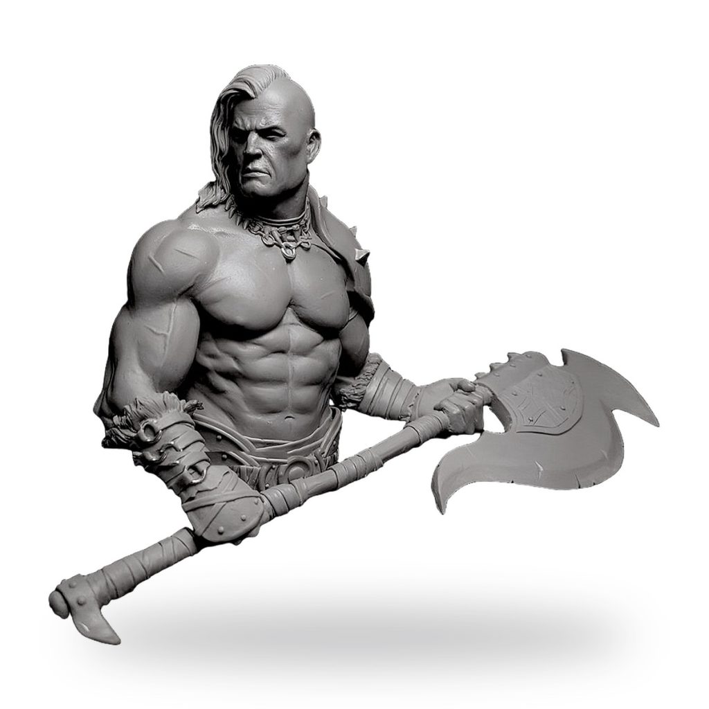 Unpainted bust of muscular warrior holding battle axe.