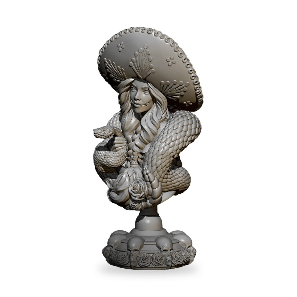Unpainted bust of Mexican lady with sombrero holding snake and roses on skull base.