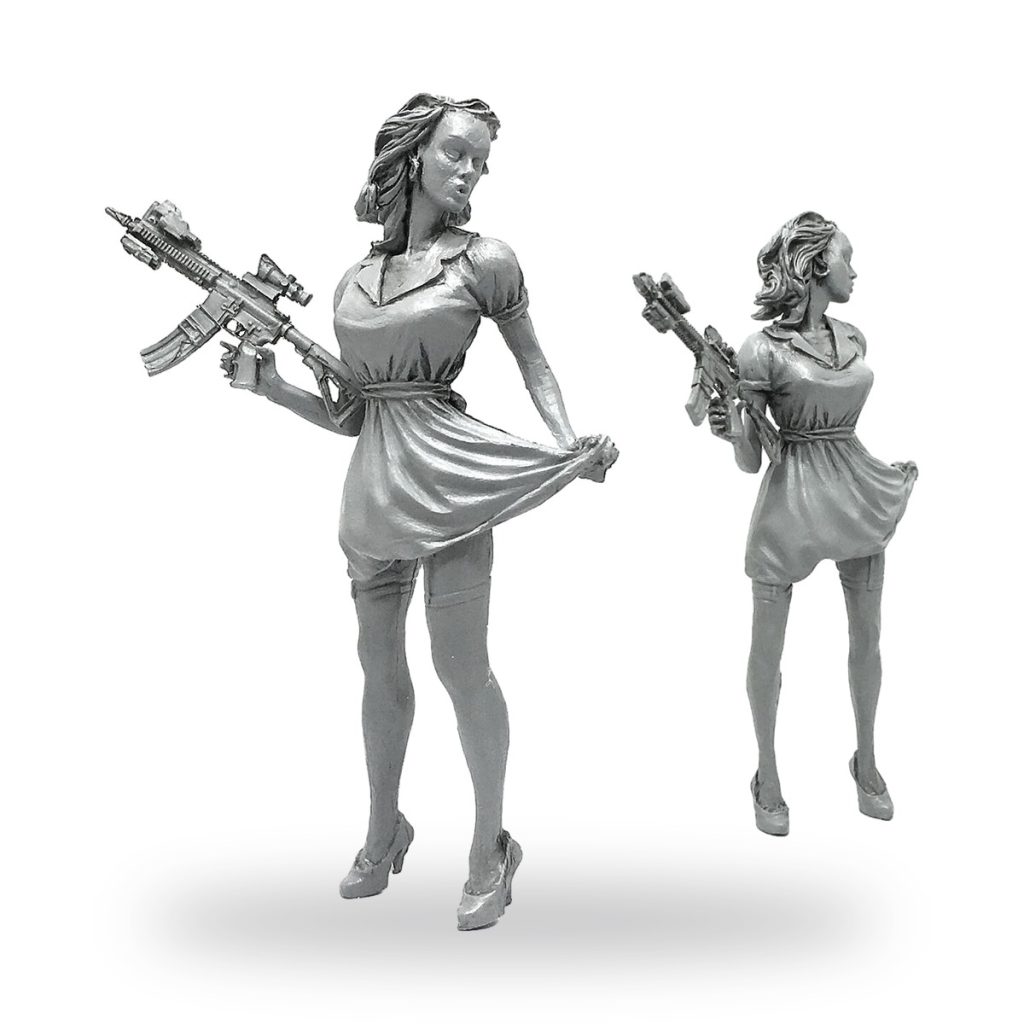 Unpainted female rebel soldier in dress holding assault rifle.
