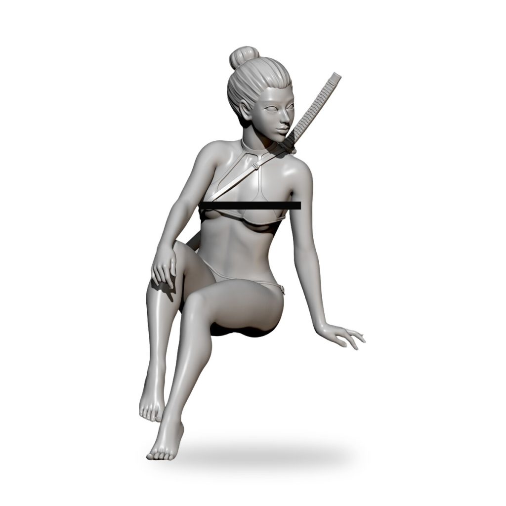Unpainted female assassin in bikini with katana on shoulder.