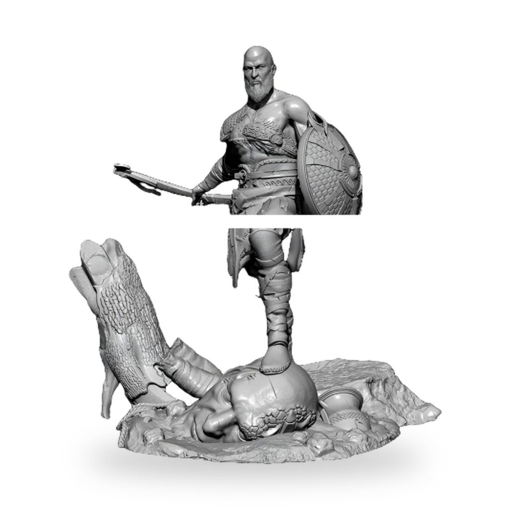 Unpainted Roman gladiator warrior figure with shield and sword standing over fallen enemy on rocky base.