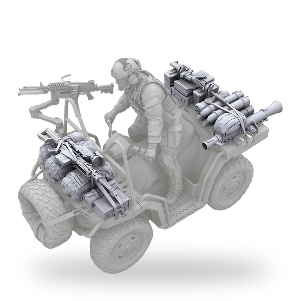 Unpainted 1/35 resin ATV with soldier and weapons gear.