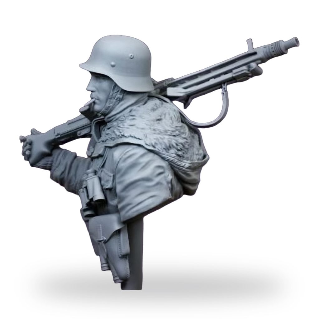 Unpainted WWII German soldier bust with MP40 submachine gun and winter gear.