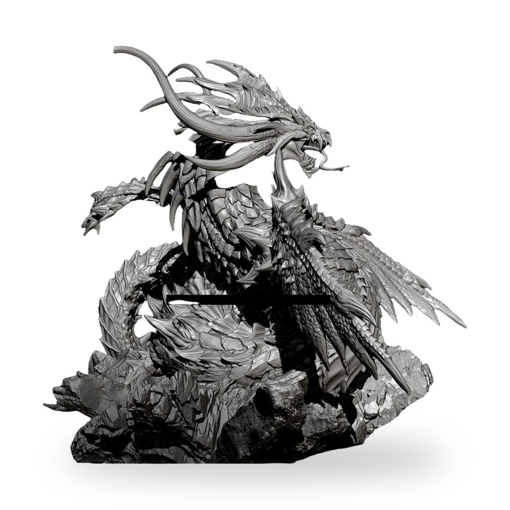 Unpainted fantasy dragon statue with detailed scales and wings on rocky base.