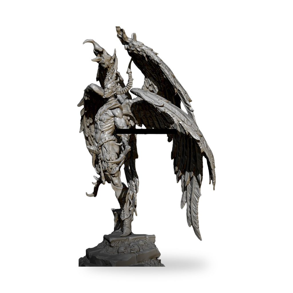 Unpainted dark fantasy fallen angel demon statue with wings and horns.