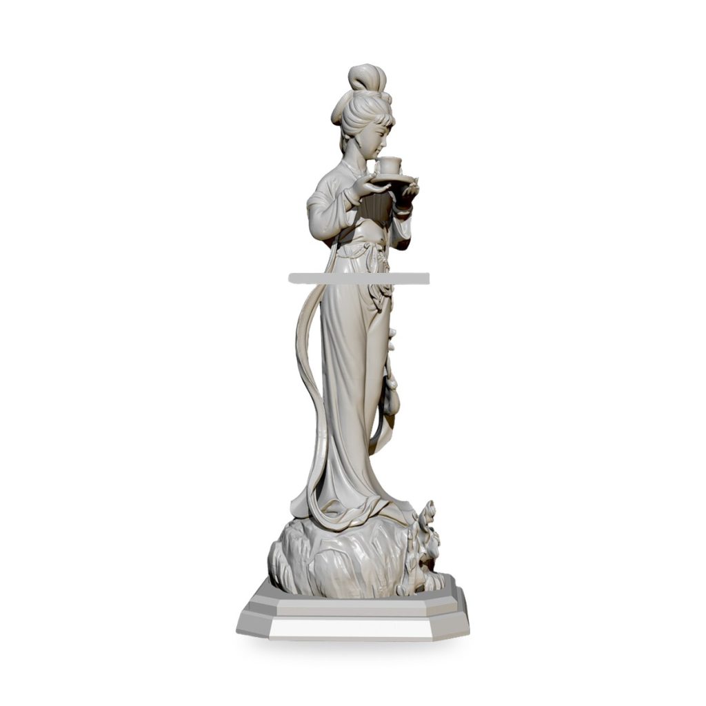 Unpainted resin statue of ancient Chinese court lady holding tea cup on rock base.