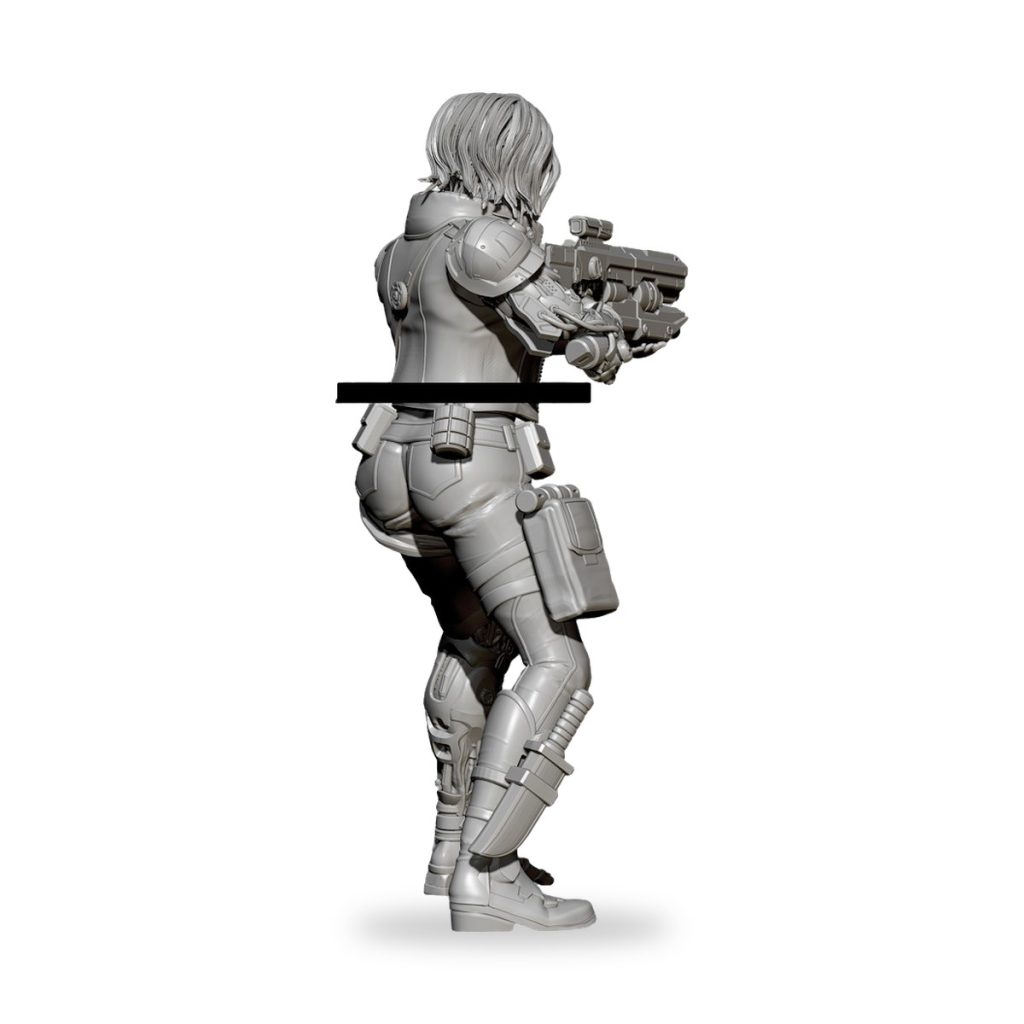 Unpainted cyborg space soldier girl holding futuristic weapon in combat stance.