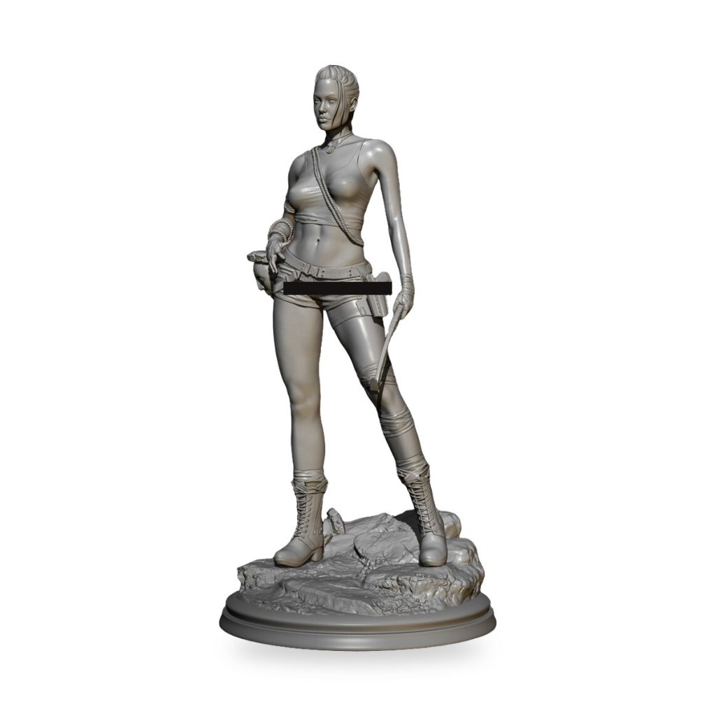 Unpainted Lara Croft statue in adventurer outfit on rocky base.