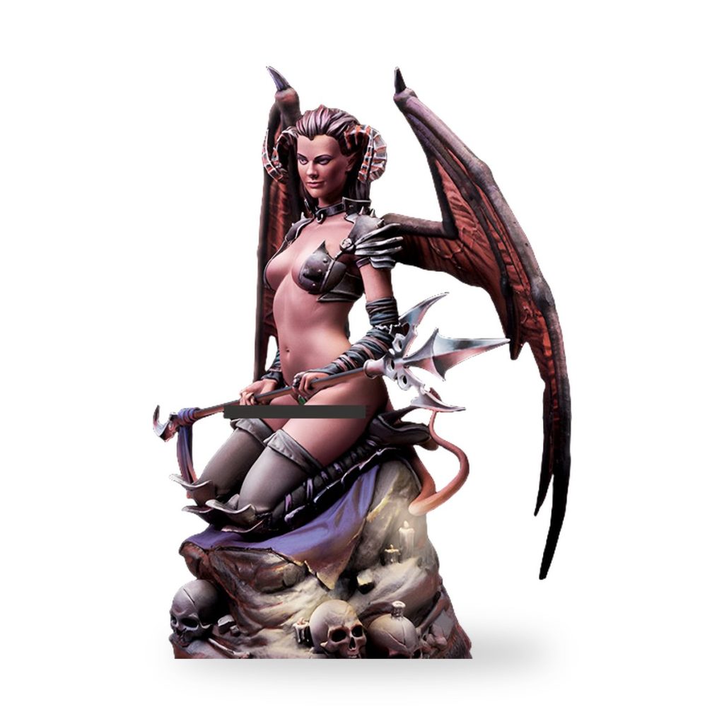 Unpainted resin figure of winged demon Lilith holding trident on skull base.