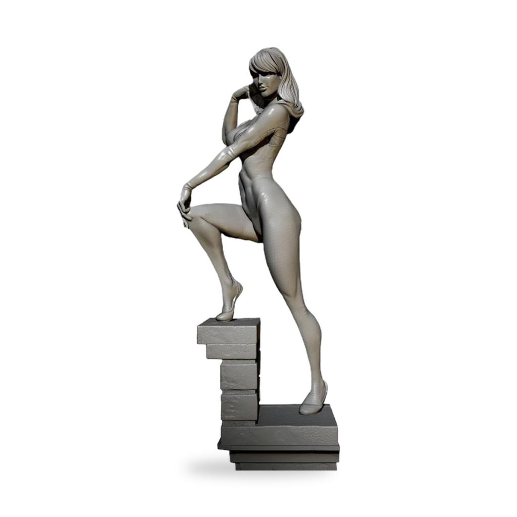 Unpainted female figure in full-body suit standing on block base.