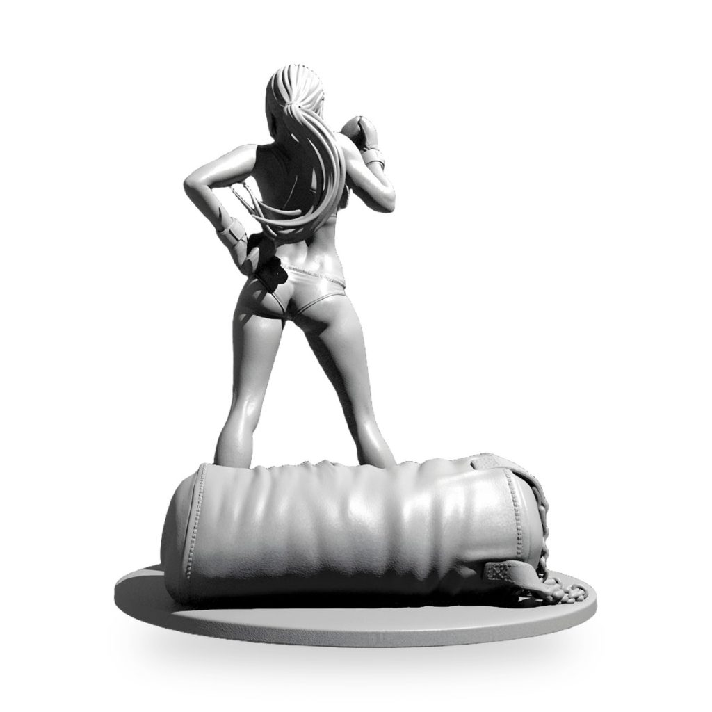 Unpainted female boxer figure standing on punching bag base.