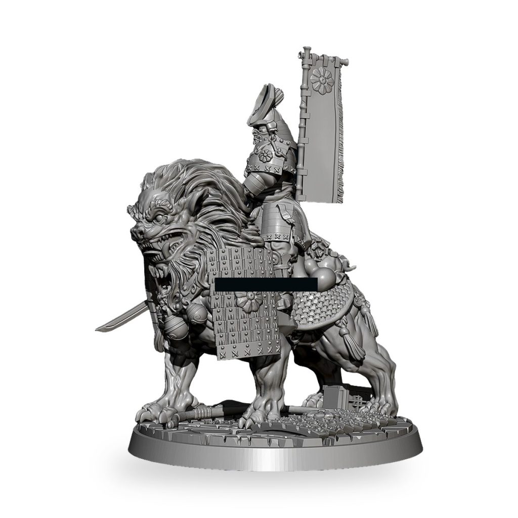 Unpainted ancient Japanese knight on lion chess piece with banner and sword.