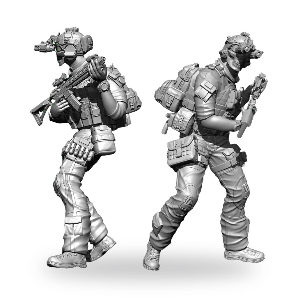 Unpainted modern assault soldier miniature in tactical gear with rifle and backpack.