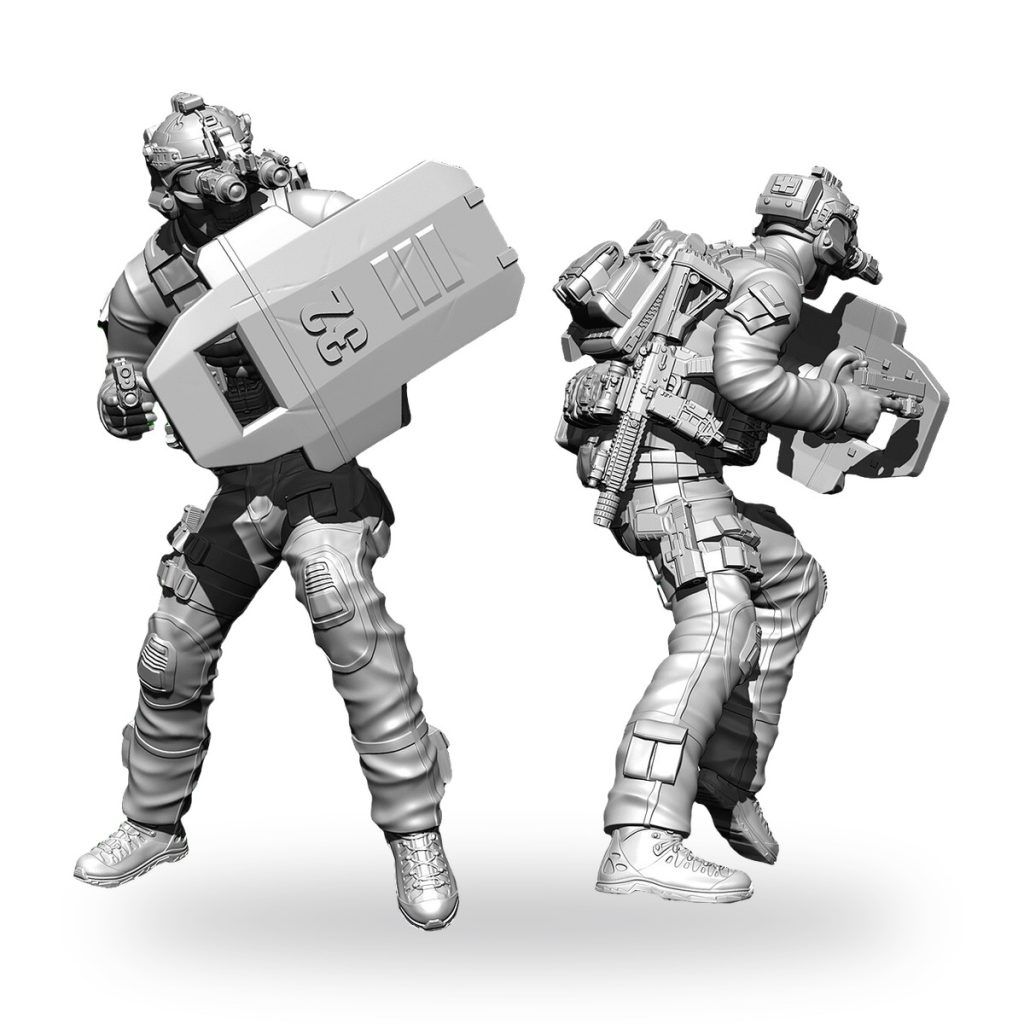 Unpainted modern soldier miniature with shield and rifle in tactical gear.