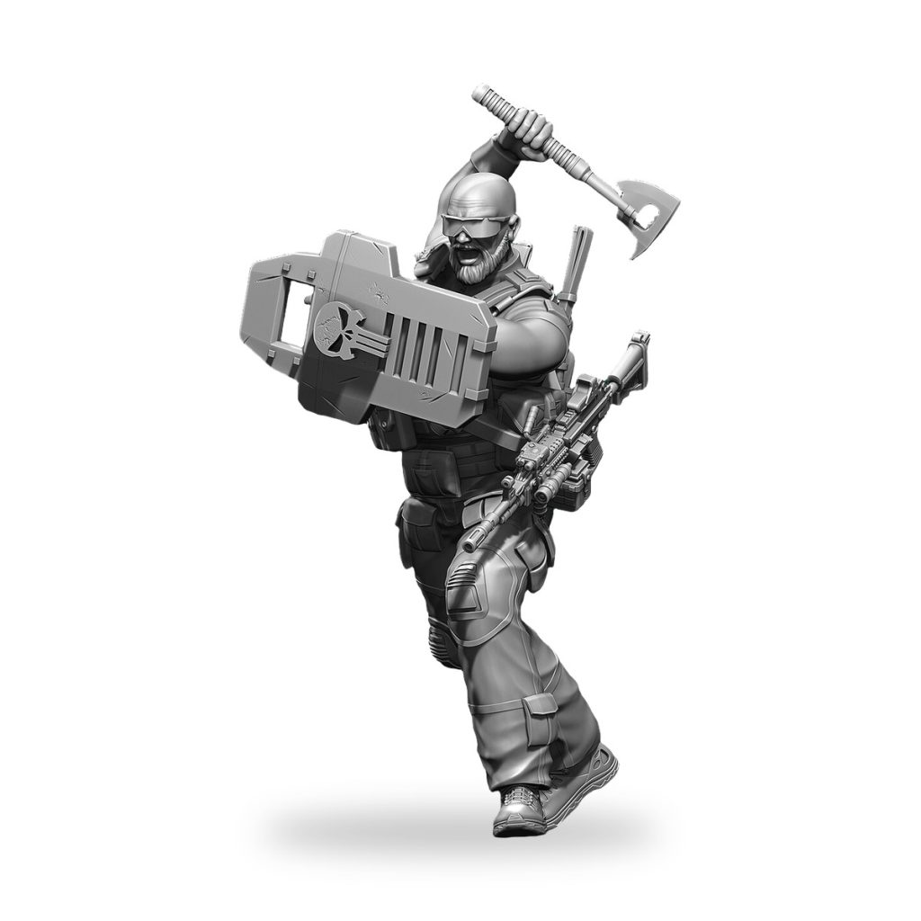 Unpainted resin miniature of tactical ranger wielding axe and shield.