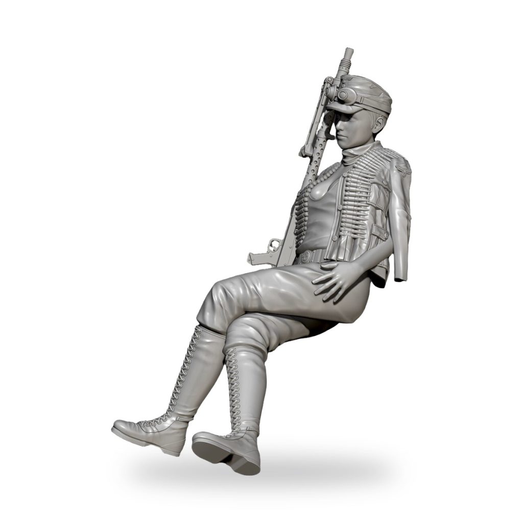 Unpainted female soldier officer miniature with rifle and gear.