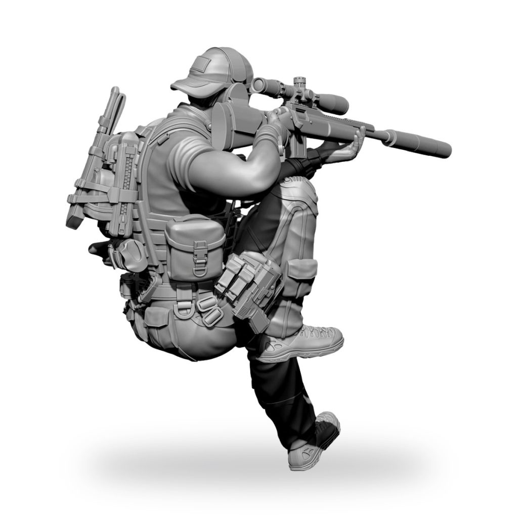Unpainted US Army sniper in tactical gear aiming rifle.