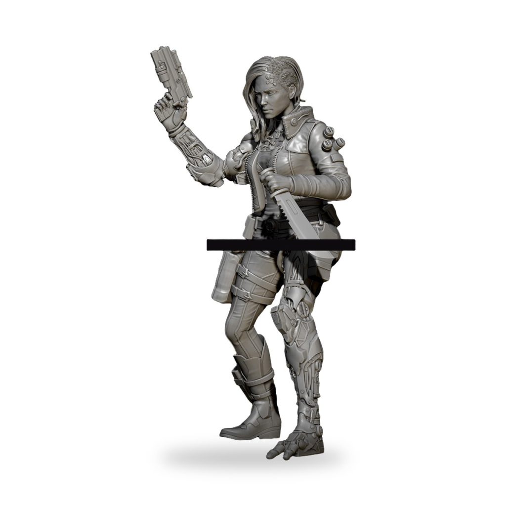 Unpainted female combatant in futuristic armor holding gun and blade.