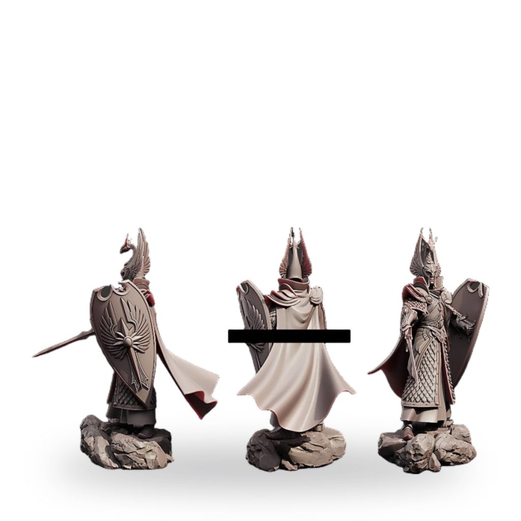 Unpainted resin figure of armored knight with shield and cape on rocky base.