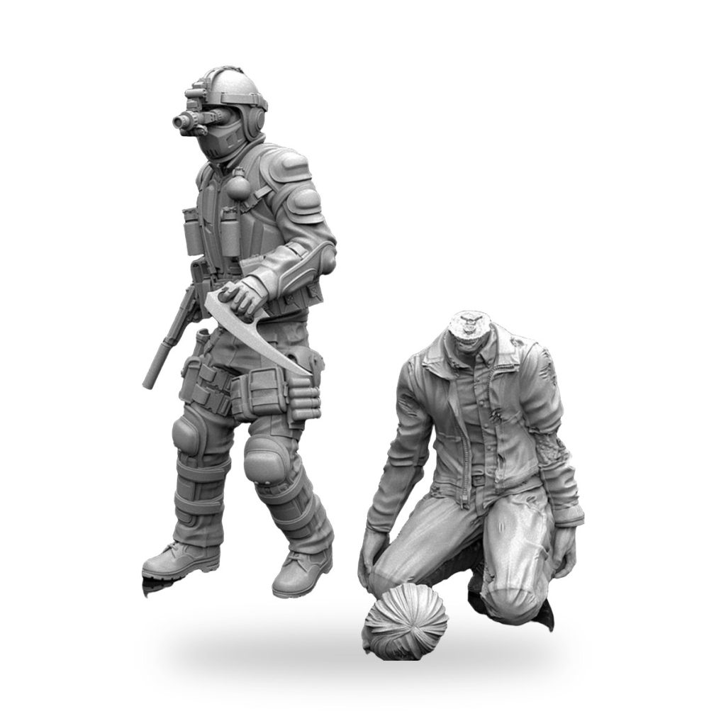 Unpainted resin figures of soldier and kneeling headless man with severed head.